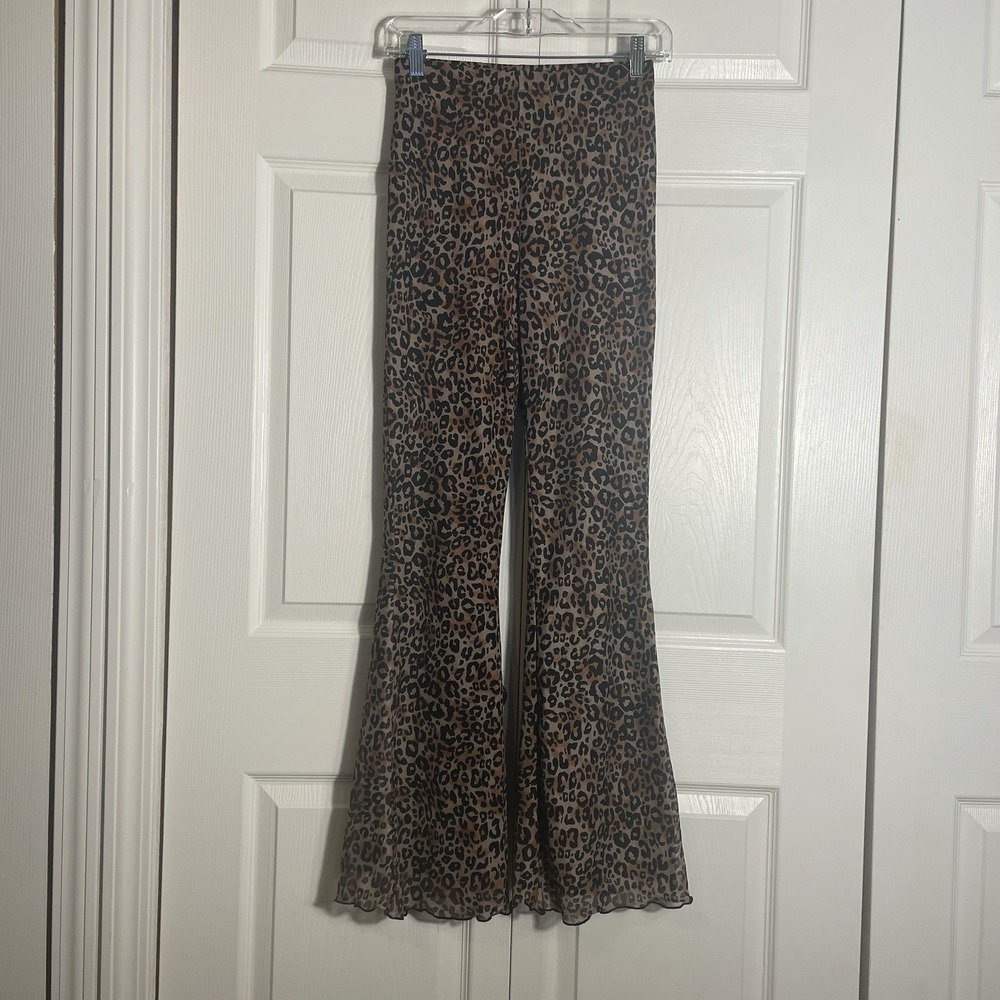 Animal Print Pants Women S Brown Flared Leg Y2K Pull On Sheer‎ Mesh Fully Lined